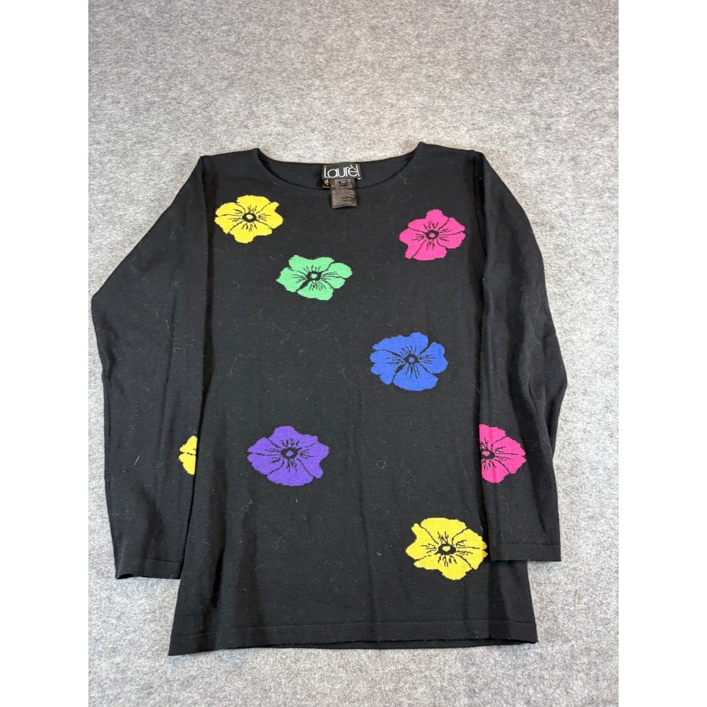 Vintage Laurel Sweater Womens Small Black Floral Wool Italy Crewneck Designer